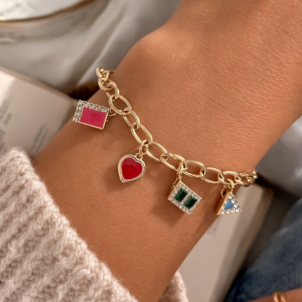 Colorful Gold Charm Bracelet Heart Triangle Green Red Charms 14K Gold Plated
